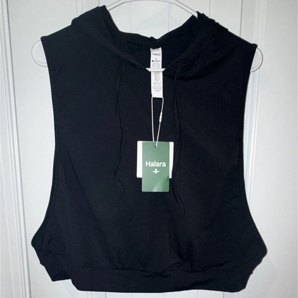 Halara Black Sleeveless Cropped Drawstring Hoodie Tank NWT Large